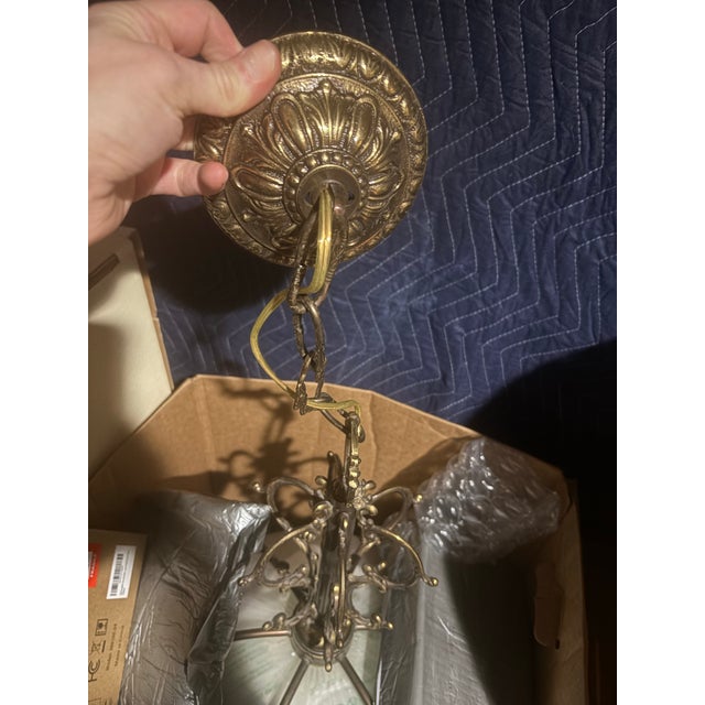 1920s/30s Frosted Glass Dome Chandelier With Brass Crown Detailing and Pink Blown Glass Beads For Sale In Greenville, SC - Image 6 of 9