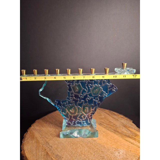 Late 20th Century Signed Uda Yehuda Parmat Studio Art Glass Menorah Iridescent Fused Dreidel For Sale - Image 15 of 17