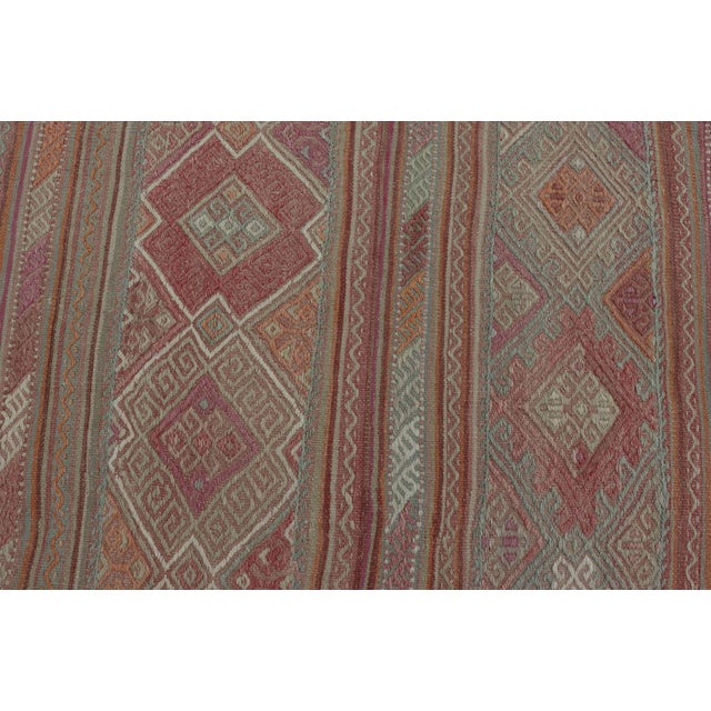 Mid 20th Century Colorful Vintage Embroidered Kilim With Stripes and Alternating Geometric Motifs 6'9 X 9'3 For Sale - Image 5 of 13