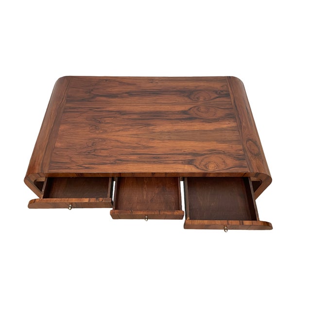 Wood Early 20th Century Art Deco Brazilian Rosewood Veneer Waterfall Six-Drawer Coffee Table For Sale - Image 7 of 14