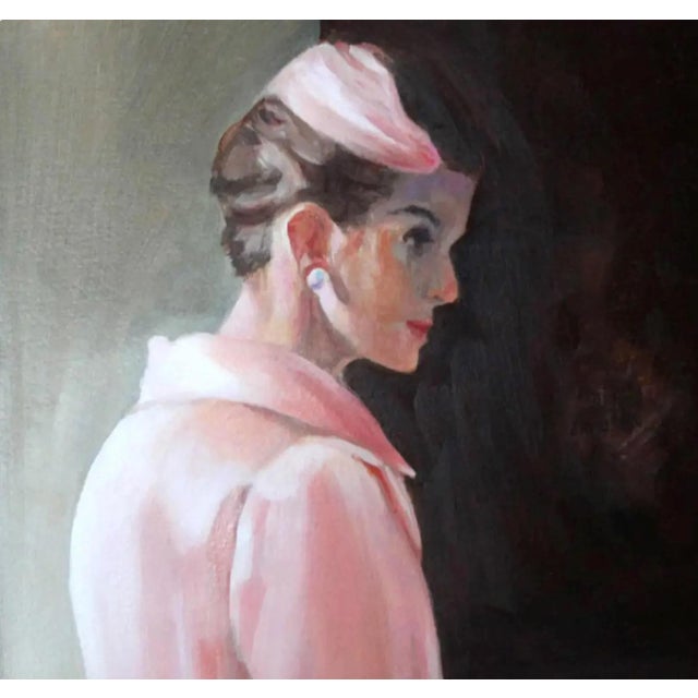 Original Oil Painting by artist Barbara Walsh (signed). Title: "Departure. 1955" (24"x30"x1.5") So chic in an all-pink...
