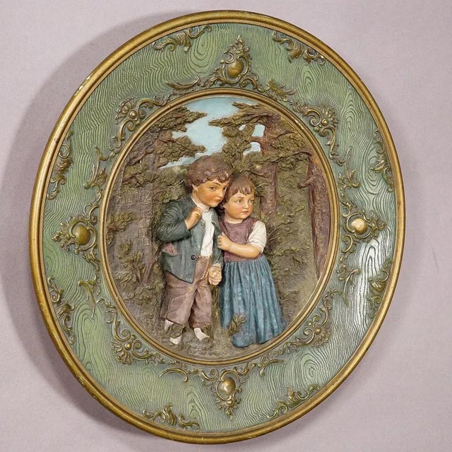 Terracotta Wall Plate with Whimsy Children in Farmer Costumes by Johann Maresch, 1890s For Sale - Image 4 of 12