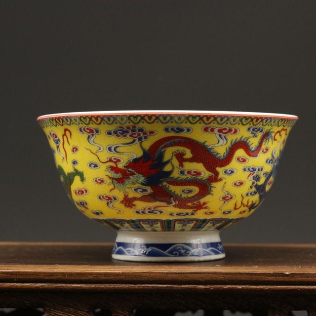 Chinoiserie Late 20th Century Famille Rose Yellow Ground Dragon Porcelain Bowl, Chinoiserie Table Decor For Sale - Image 3 of 9