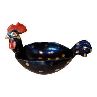 Rare Rooster, Aldo Londi for Bitossi, Black W/Gilt Dots, Red Wattle and Crest Mid Century For Sale