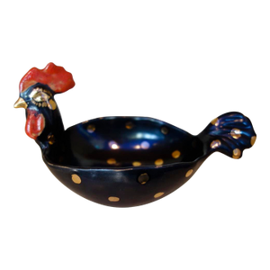 Rare Rooster, Aldo Londi for Bitossi, Black W/Gilt Dots, Red Wattle and Crest Mid Century