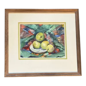 1980’s Original Tabletop Still Life Watercolor Painting Apples & Textiles Signed Framed