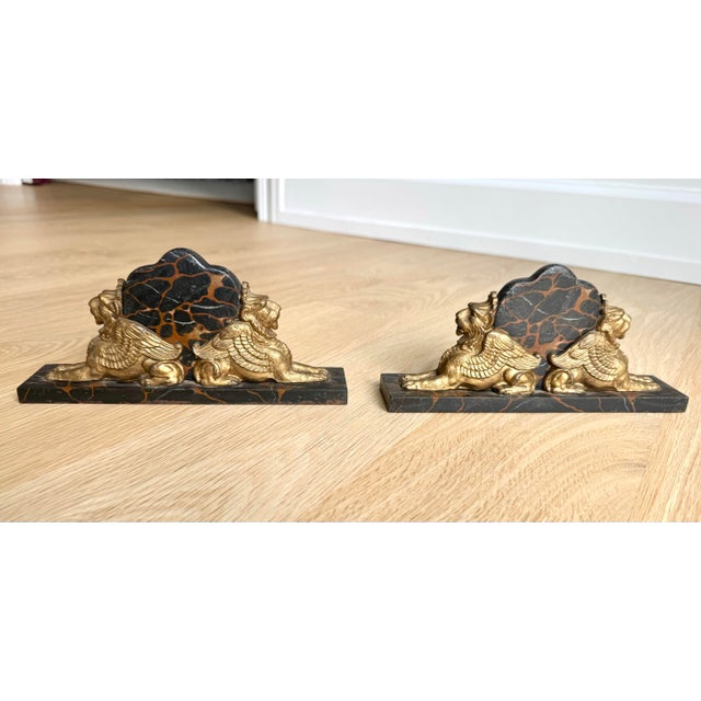 Art Deco Exceptional Pair of French Art Deco Griffin Bookends on Portoro Marble, Early 20th Century For Sale - Image 3 of 5