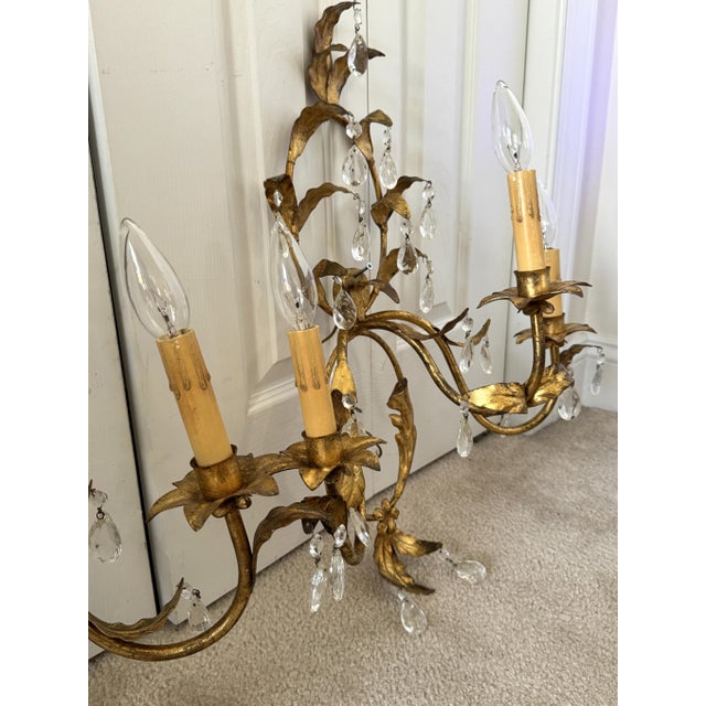 Mid 20th Century Mid 20th Century Florentine or Hollywood Regency Italian Gilt Tole & Crystal Wall Sconces - A Pair For Sale - Image 5 of 13
