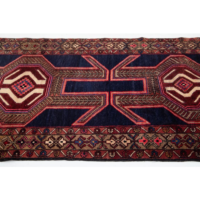 1960s Navy Blue Tribal Designed Vintage Wool Rug 3 X 11 For Sale - Image 5 of 8