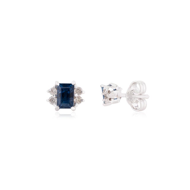 Not Yet Made - Made To Order Art Deco Style Emerald Cut Sapphire & Diamond Stud Earrings in 14k White Gold- A Pair For Sale - Image 5 of 11