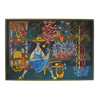 1950s French "Le Jardinier" Printed Tapestry by Robert Diebiève For Sale