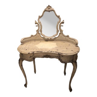 Antique French Distressed Vanity & Mirror For Sale