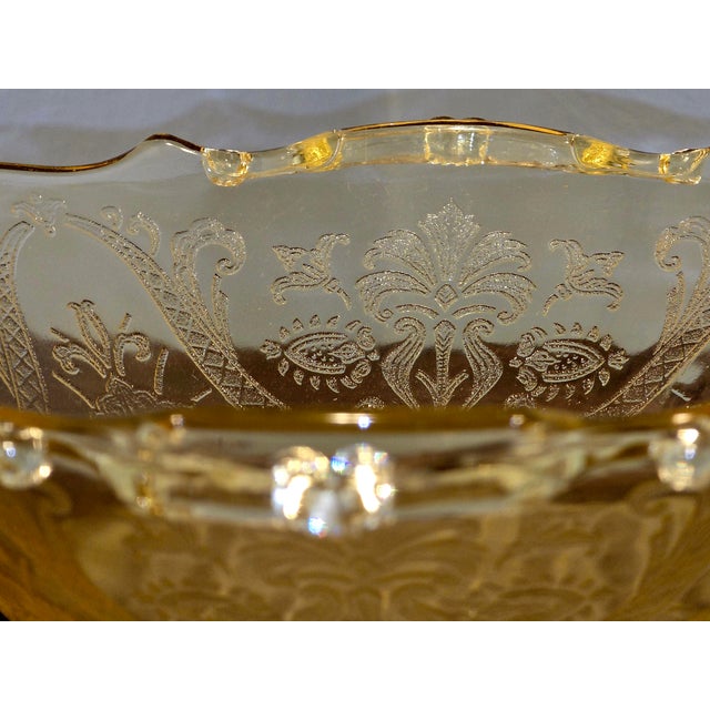 1930s Vintage Lancaster Glass “Landrom” Topaz Etched Bowl With Handles – Depression Era For Sale - Image 5 of 10