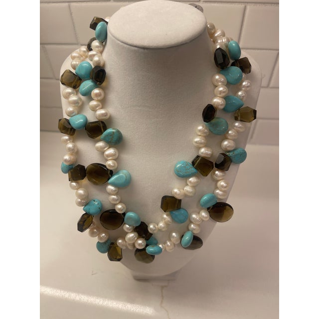 1960s 1960s Smoky Quartz, Pearls,aqua, Double Stran Necklace For Sale - Image 5 of 5