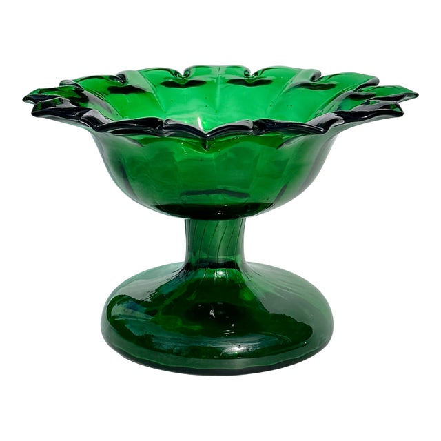 Green Pressed Glass Footed Bowl, 19th Century, Petal Form For Sale