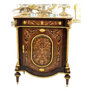 French Marquetry Cabinet With Marble Top & Hand-Gilded Gold Leaf Accents For Sale
