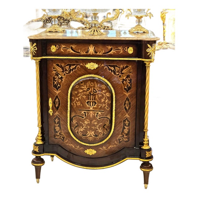 French Marquetry Cabinet With Marble Top & Hand-Gilded Gold Leaf Accents For Sale