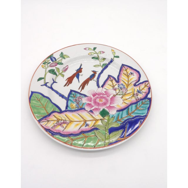 Asian Vintage Tobacco Leaf Plate – Hand-Painted Phoenix Birds, Floral Design (10 1/2") For Sale - Image 3 of 7