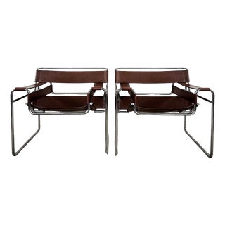 Wassily B3 Armchairs in Cognac Leather by Marcel Breuer, 1980s, Set of 2 For Sale