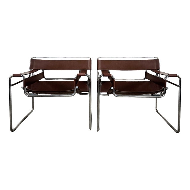 Wassily B3 Armchairs in Cognac Leather by Marcel Breuer, 1980s, Set of 2 For Sale