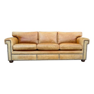 Vintage English Leather Sofa Tan Color Nail Head Trim Feather Down Cushions For Sale