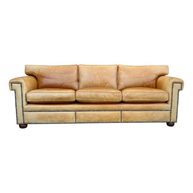 Vintage English Leather Sofa Tan Color Nail Head Trim Feather Down Cushions For Sale