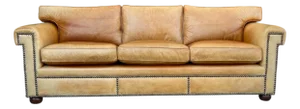 Vintage English Leather Sofa Tan Color Nail Head Trim Feather Down Cushions