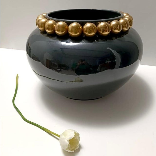 Dark Grey / Green Lacquered Ceramic Vase with Pure Gold Pearls, Italy, 1950s For Sale - Image 4 of 11