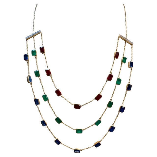 Three Layer Necklace With Emerald , Ruby & Kyanite with Diamond Bar, 14 KYG 15Gm For Sale - Image 15 of 18