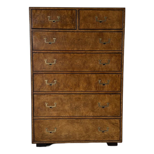 1970’s Vintage John Widdicomb Campaign Burled Wood Highboy Dresser on Casters With Recessed Brass Hardware For Sale
