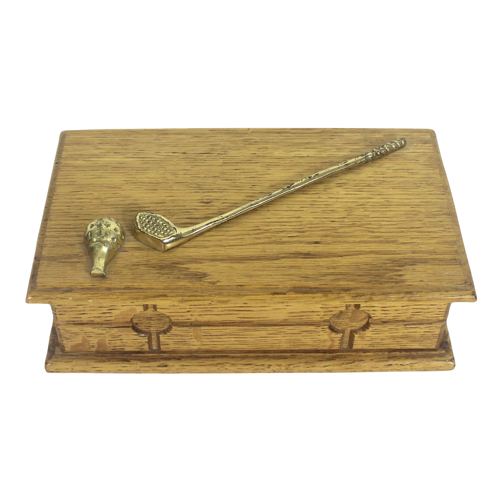 Vintage Oak Wood Brass Golf Club and Golf Ball Mens Jewelry Trinket Box ...