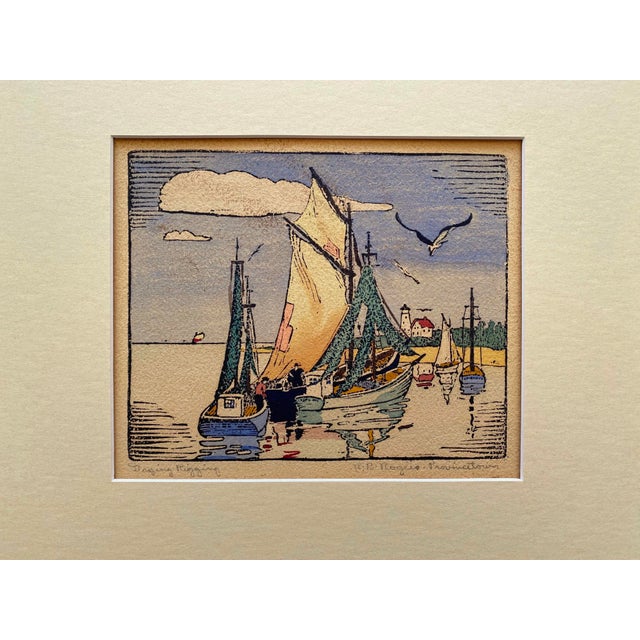 Robert Bruce Rogers Vintage 1932 " Drying Rigging, Provincetown " Waterfront Seascape Framed Original Signed Fine Art Woodblock Print For Sale - Image 11 of 14
