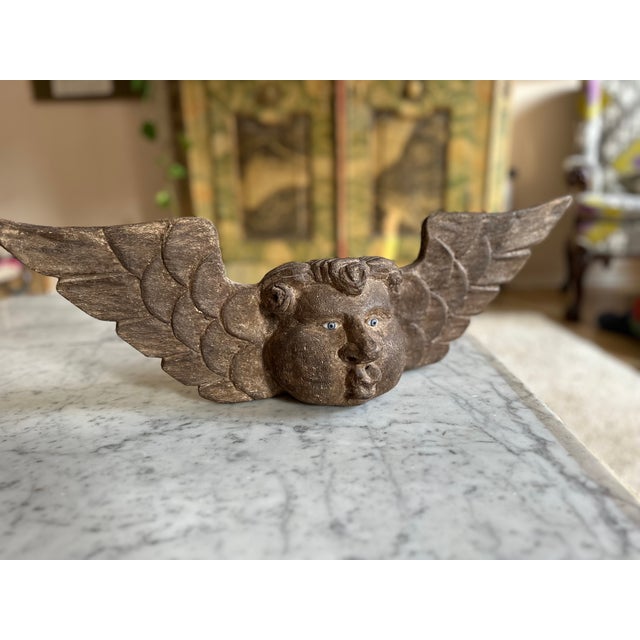 Wooden Cherub Head with Glass Eyes, 1800s For Sale - Image 4 of 12