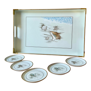 Mid 20th Century Lacquered Coastal Seashell Print Tray and Coaster Set