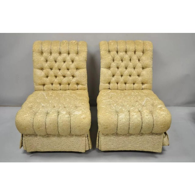 Hollywood Regency French Style Rolled Back Tufted Slipper Lounge Chairs - Pair. Item features dramatic rolled backs,...
