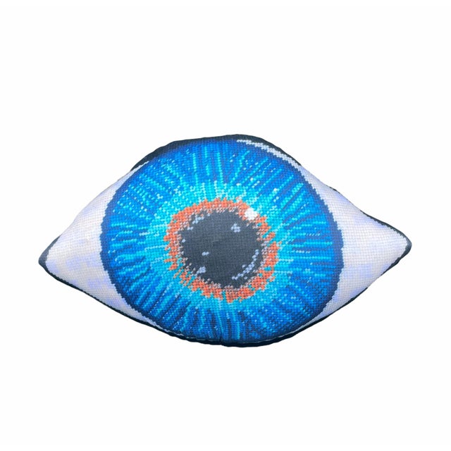 Organic Cotton Sateen "Blue Eye" sculpted pillow, custom, original For Sale - Image 4 of 7