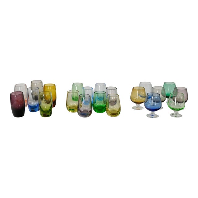 Vintage Set of 21 Blown Glass Multi Color Small Cocktail Snifters Cordials or Shot Glasses 3 Sizes For Sale