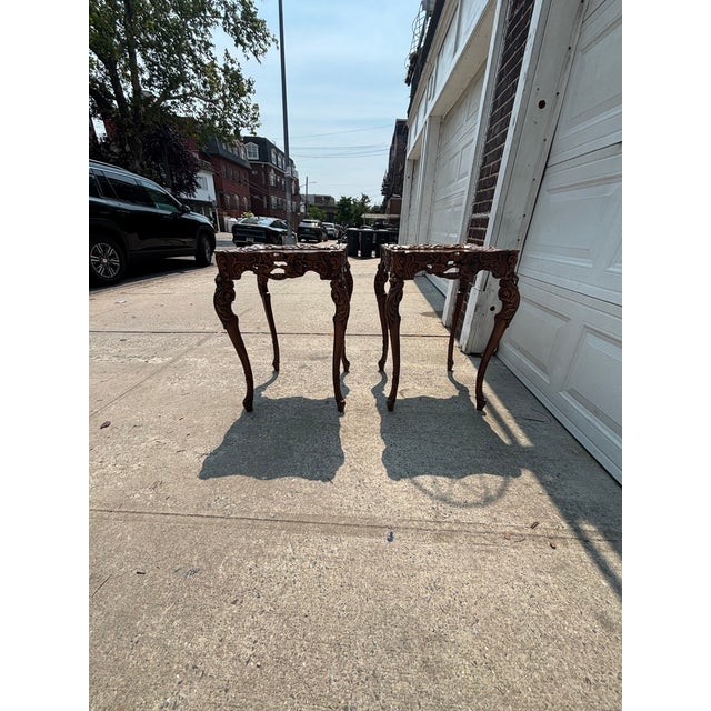 Wood Pair of Spanish Revival Carved Walnut Side Tables, Bird Motif, Baroque Style For Sale - Image 7 of 12