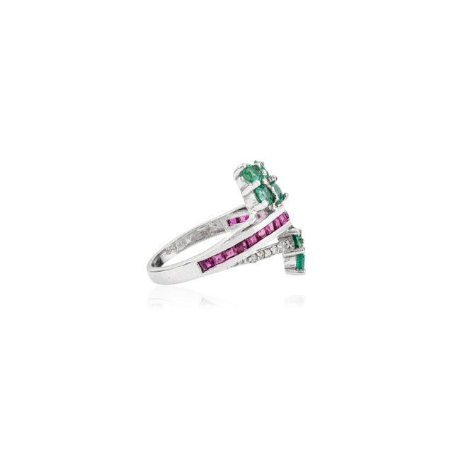 Not Yet Made - Made To Order 925 Silver Emerald, Ruby & Diamond Double Flower Bypass Ring With Centre Band - Size 8 For Sale - Image 5 of 11