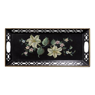 Mid Century Toleware Floral Tray Bar Cart Sever Black Oblong For Sale