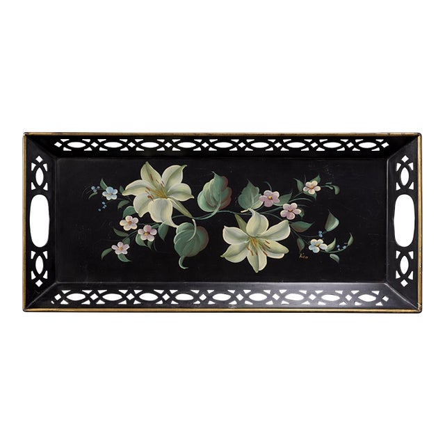 Mid Century Toleware Floral Tray Bar Cart Sever Black Oblong For Sale