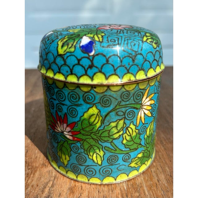 Vintage Cloisonné Enameled Copper Jar With Lid. Beautiful and Vibrant Enamel Work Inside and Outside of This Chinese Jar....