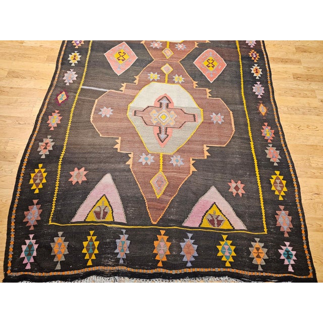 Vintage Turkish Kilim Rug, Handwoven Wool, Chocolate Brown, Pale Green, 7x11 For Sale - Image 10 of 15