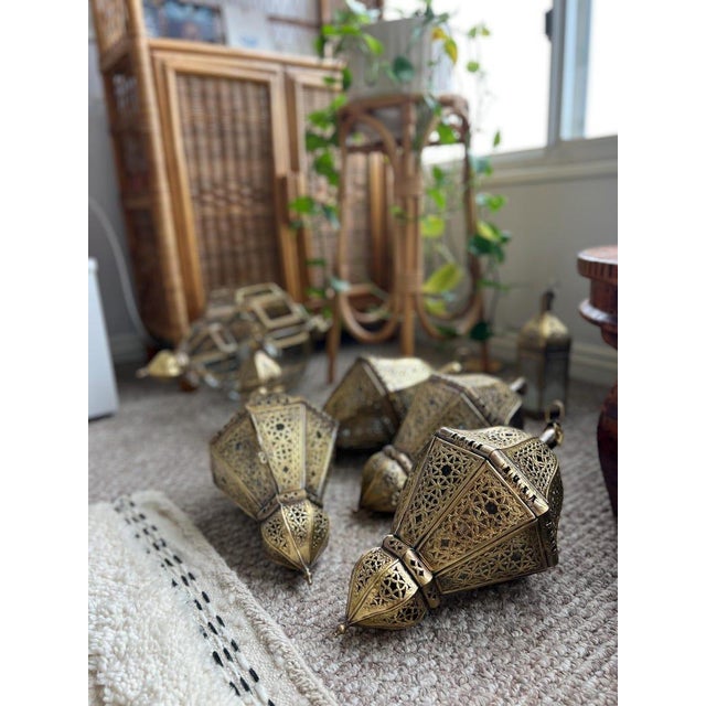 Brass Handcrafted Moroccan Brass Lantern – Pierced Candle Light, Marrakech Artisan Decor, Boho Exotic Lighting For Sale - Image 8 of 10