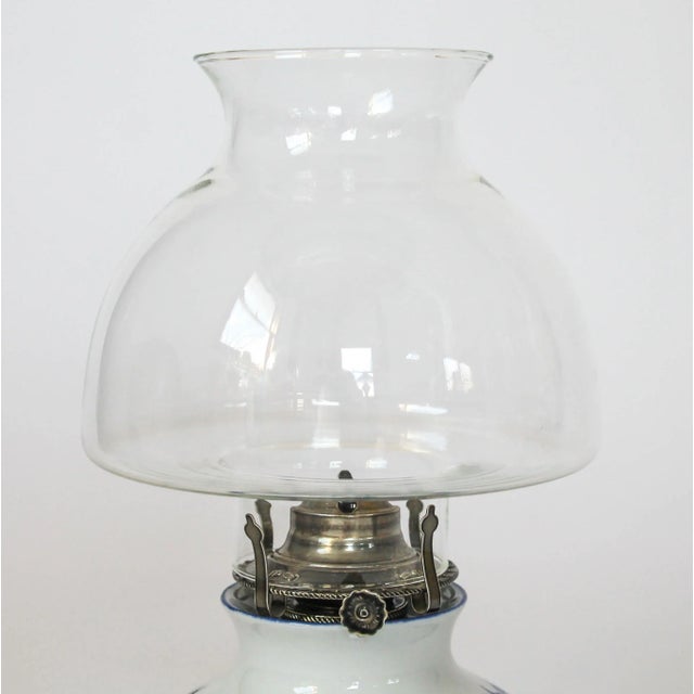 Farmhouse Vintage German Blue and White Porcelain Kerosene Oil Lamp For Sale - Image 3 of 11