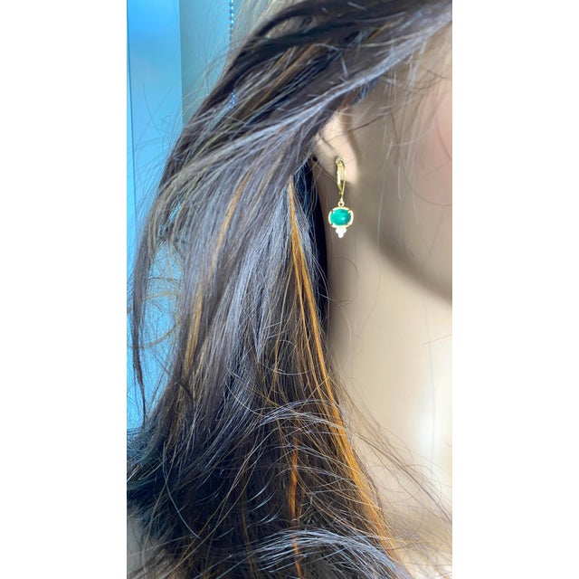 Green 14k Yellow Gold Colombian Cabochon Emerald and Diamond Lever Back Hoop Earrings - 2 Pieces For Sale - Image 8 of 10