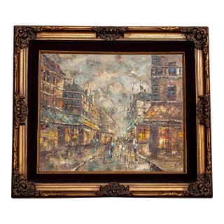 Signed European Street Scene Original Oil Painting in Ornate Gilt Frame For Sale