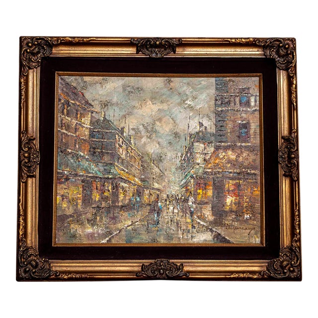 Signed European Street Scene Original Oil Painting in Ornate Gilt Frame For Sale