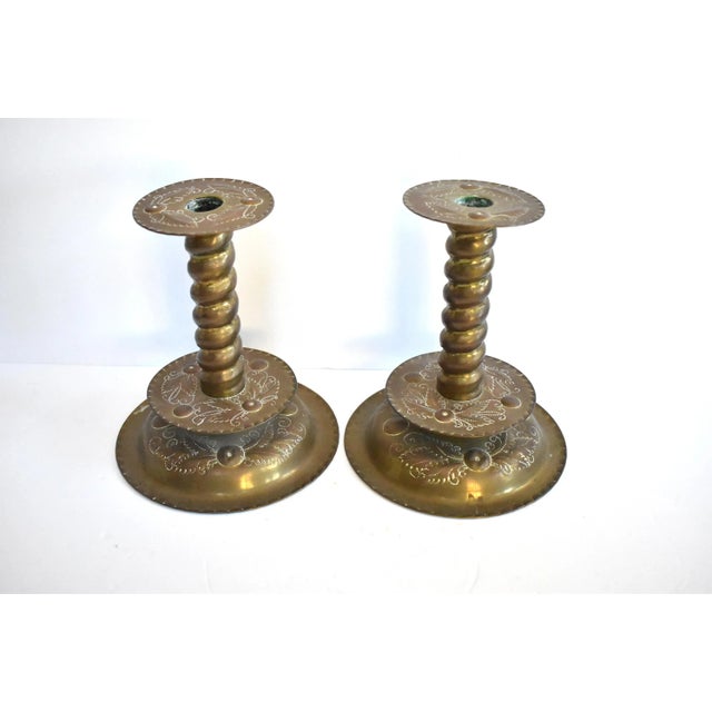 Mid-Century Modern Pair of Antique 17th-Century Swedish Hammered Brass Candlesticks For Sale - Image 3 of 7