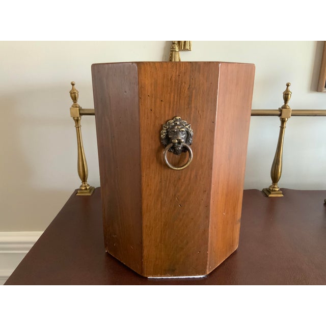Brown Vintage Octagonal Wooden Wastebasket With Lion Heads For Sale - Image 8 of 11